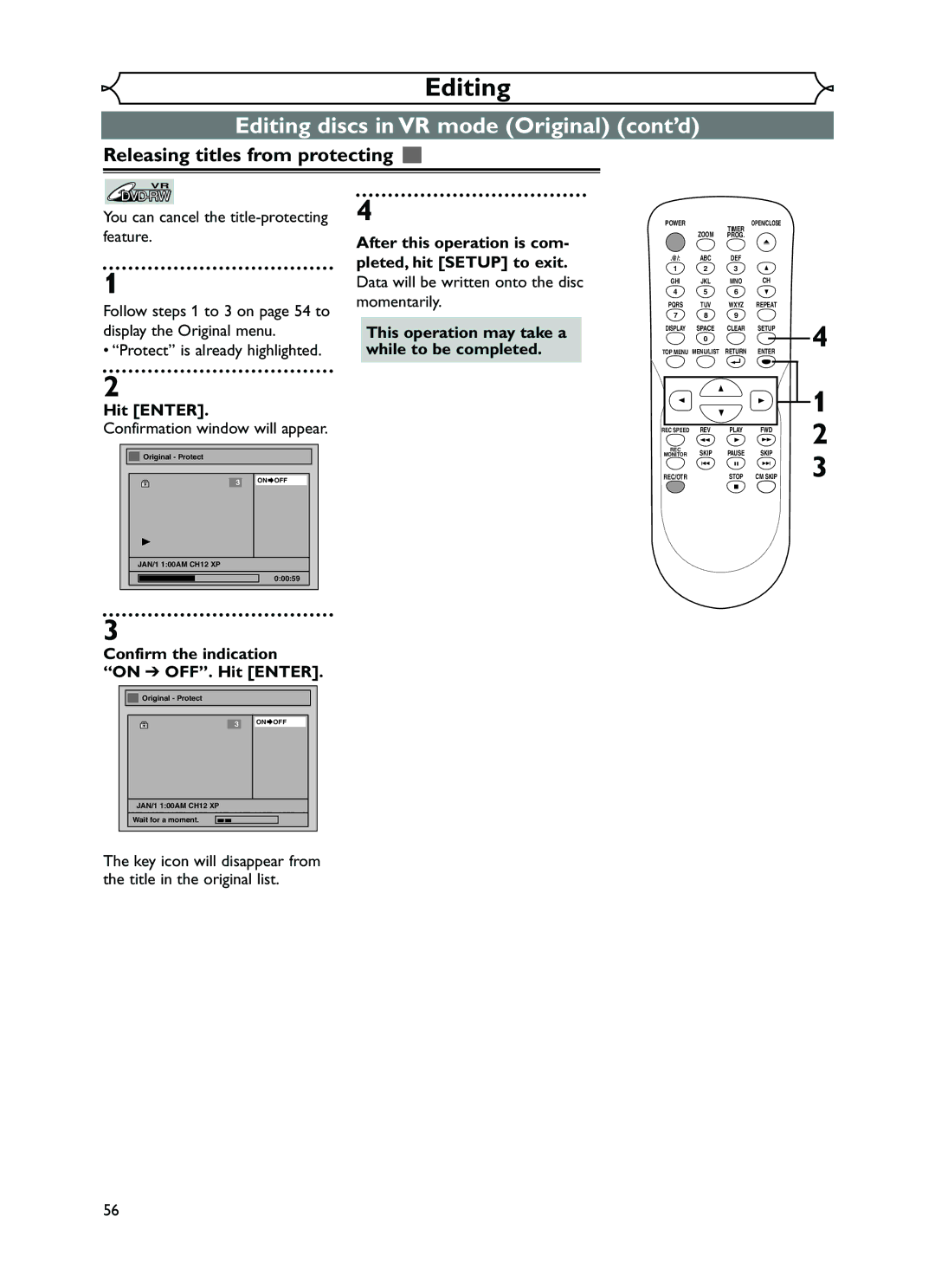 FUNAI EWR10D5 owner manual Releasing titles from protecting, Confirm the indication On OFF. Hit Enter 