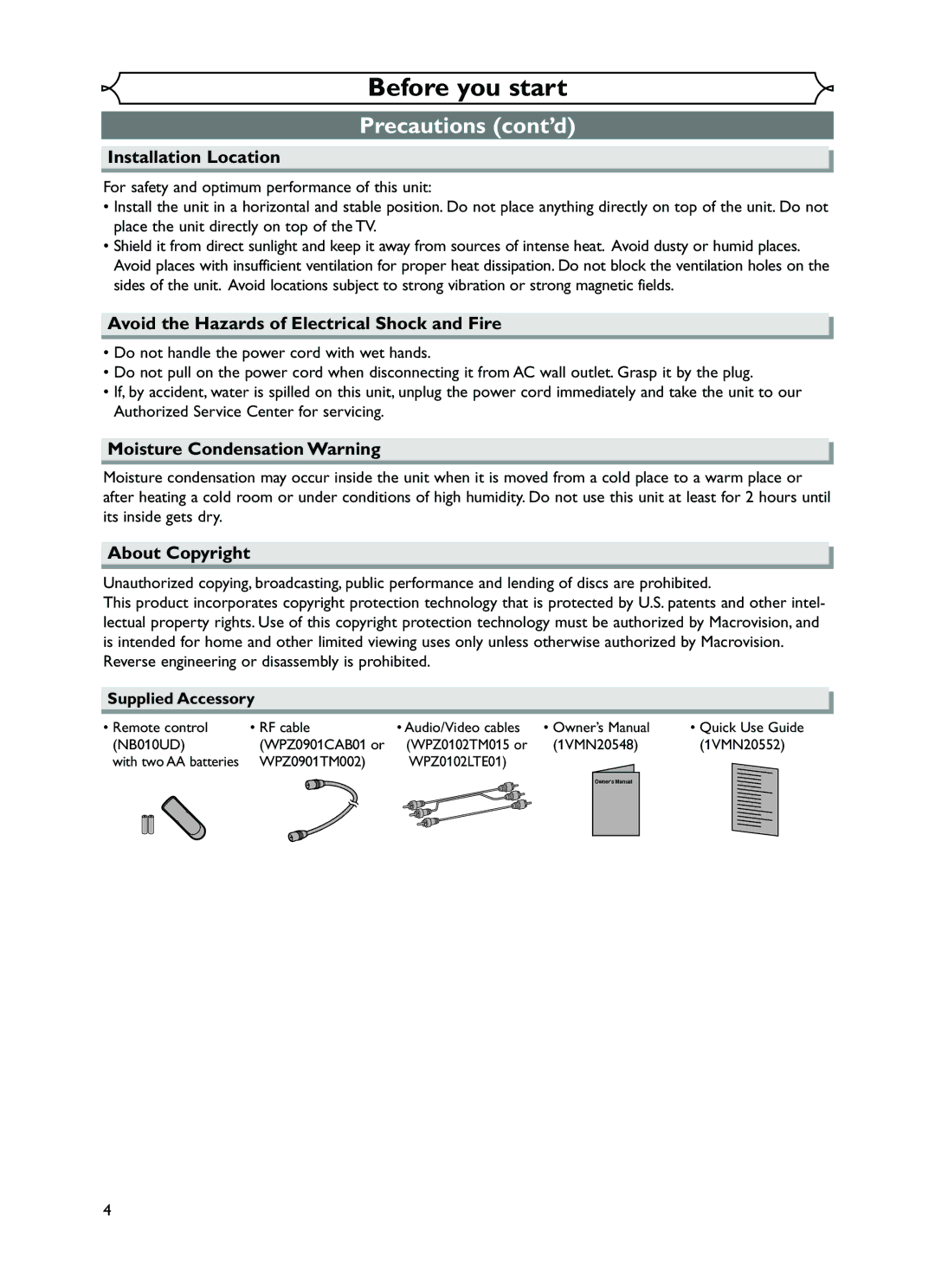 FUNAI EWR10D5 owner manual Reverse engineering or disassembly is prohibited, Supplied Accessory 