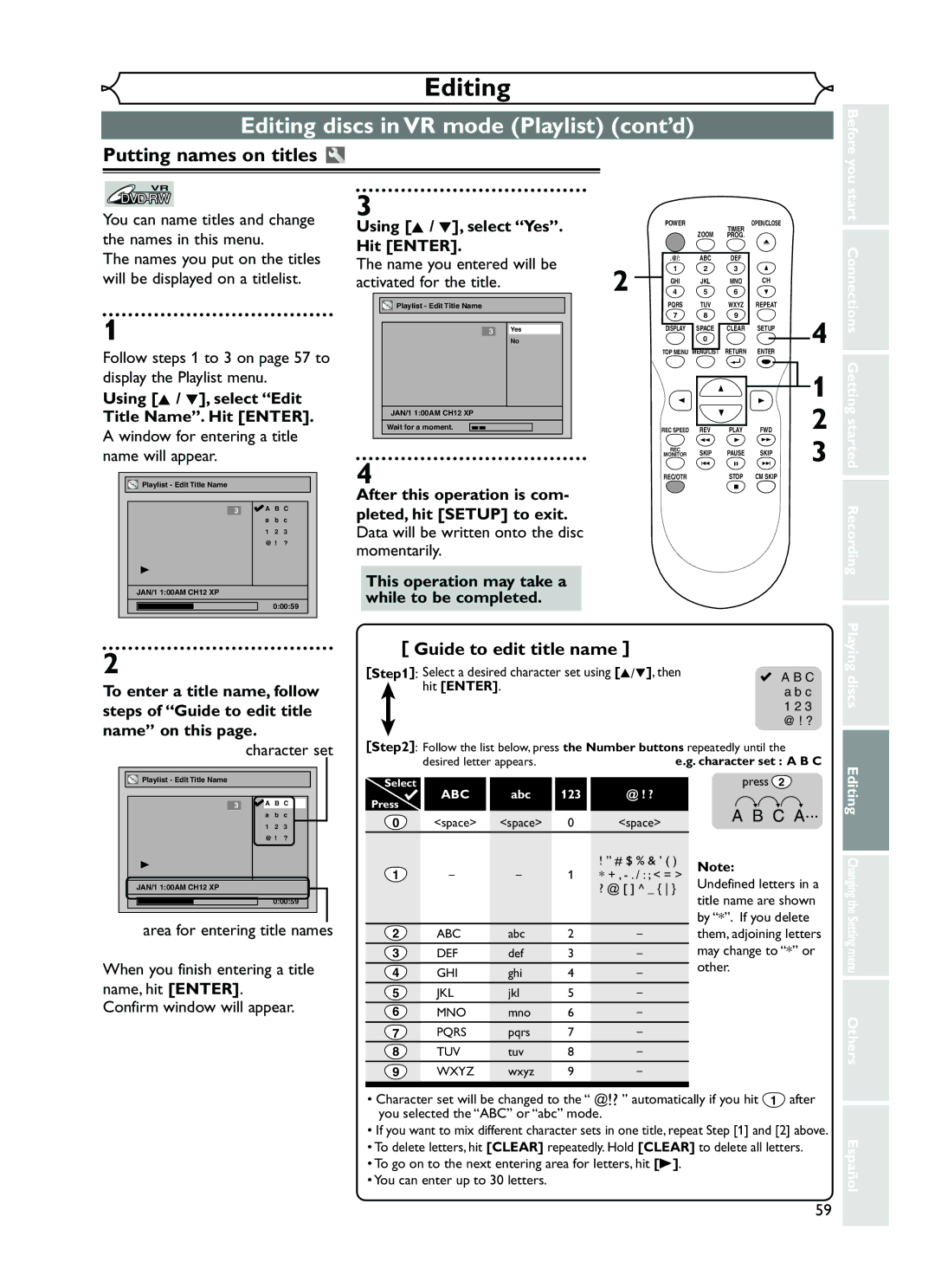 FUNAI EWR10D5 owner manual To enter a title name, follow, Steps of Guide to edit title Name on this 