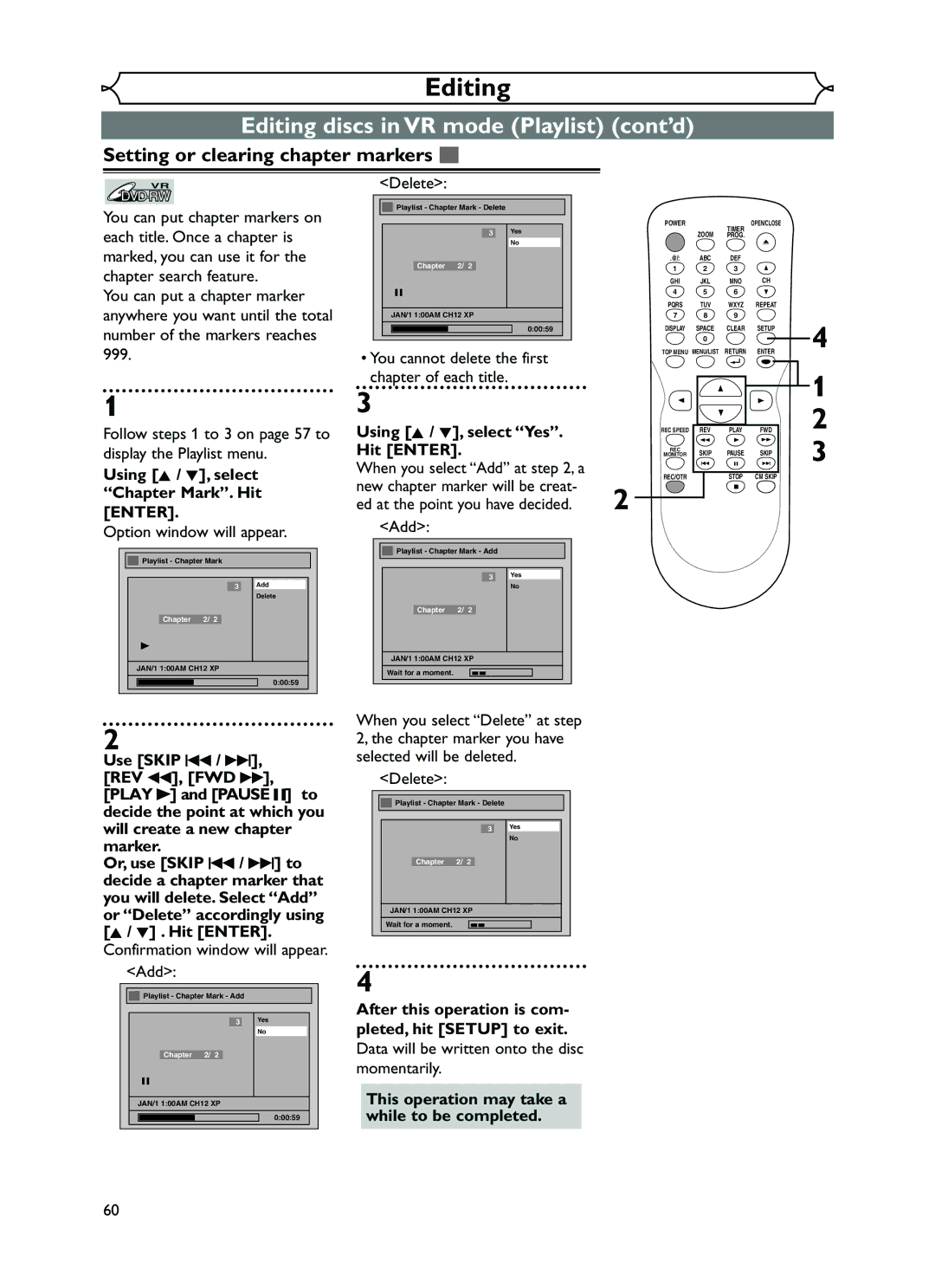 FUNAI EWR10D5 owner manual You cannot delete the first chapter of each title, Add 