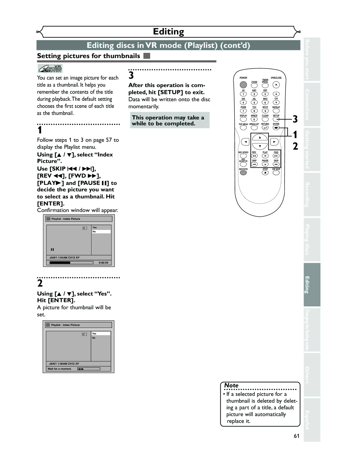 FUNAI EWR10D5 owner manual Setting pictures for thumbnails, Picture for thumbnail will be set 