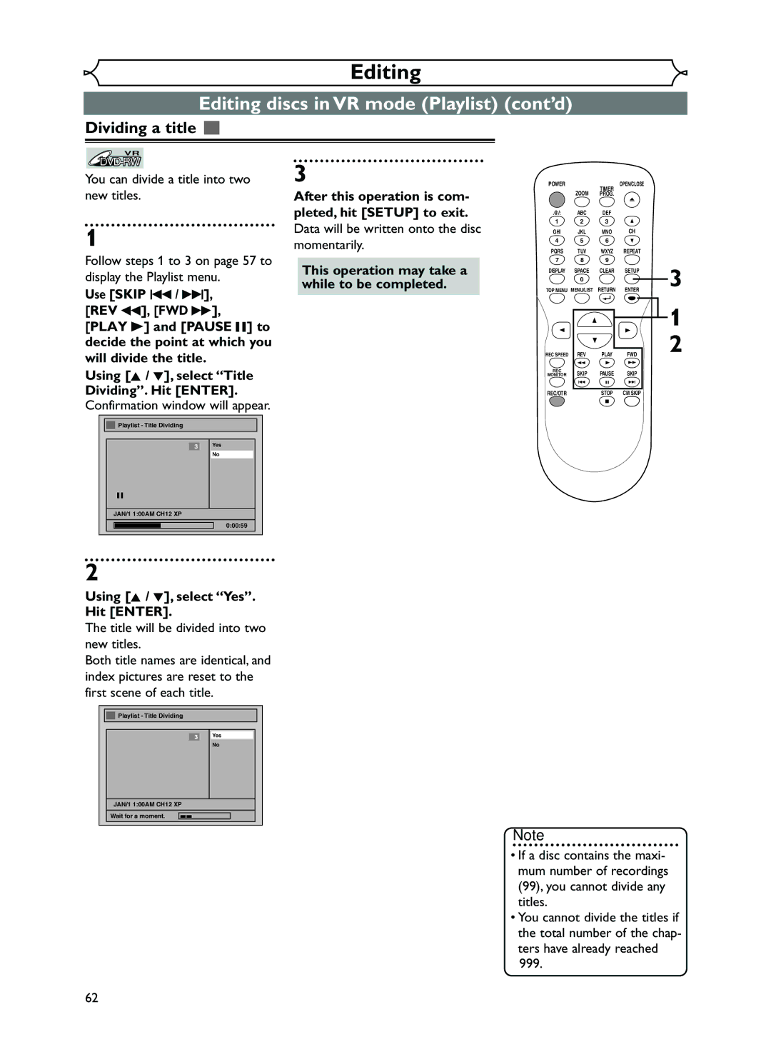 FUNAI EWR10D5 owner manual Dividing a title 