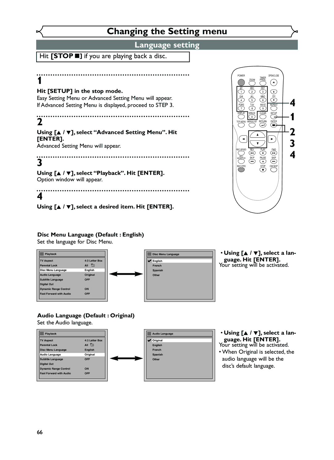 FUNAI EWR10D5 Language setting, Using K / L, select Playback. Hit Enter, Using K / L, select a lan Guage. Hit Enter 