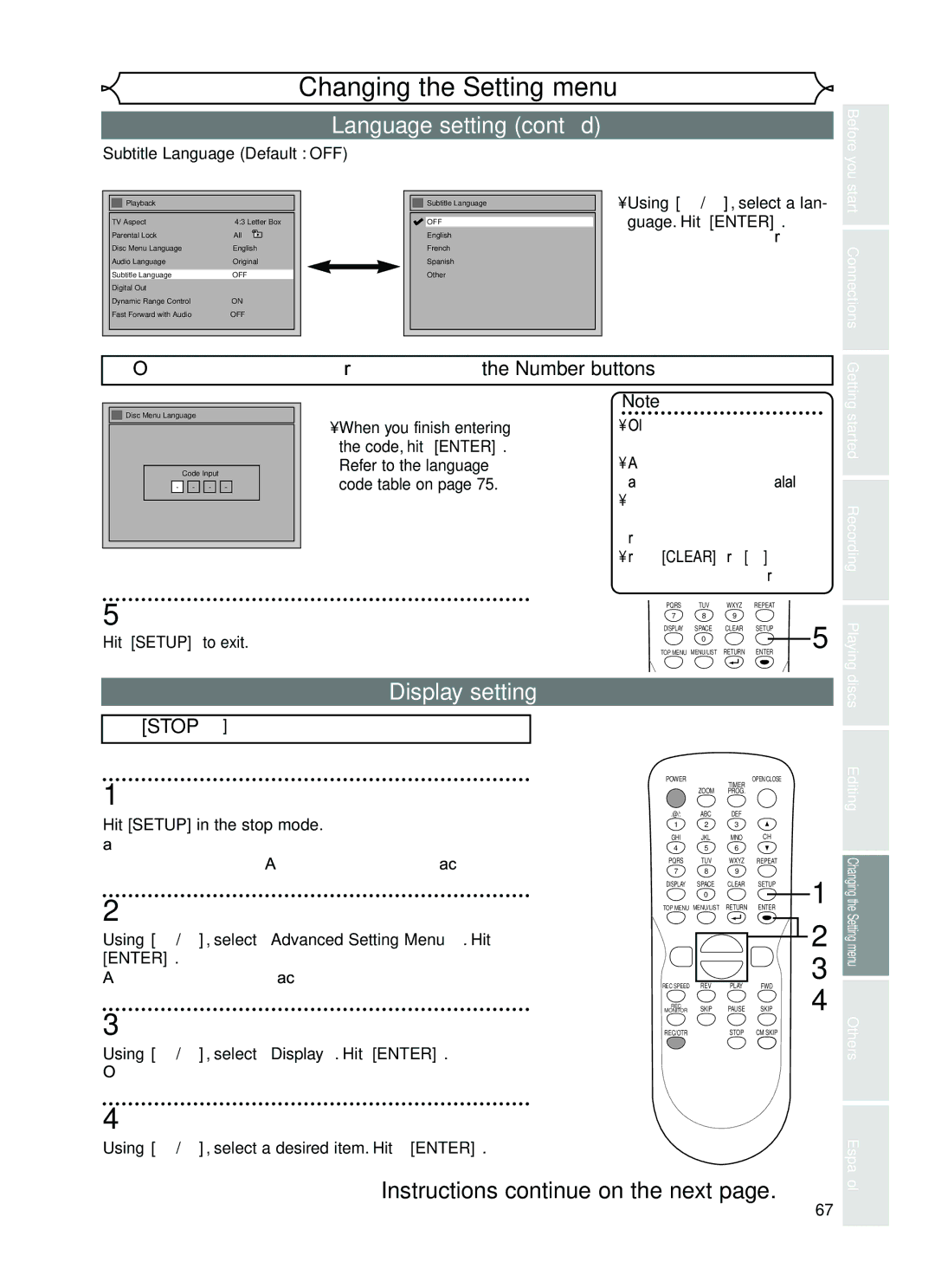 FUNAI EWR10D5 owner manual Language setting cont’d, Display setting 