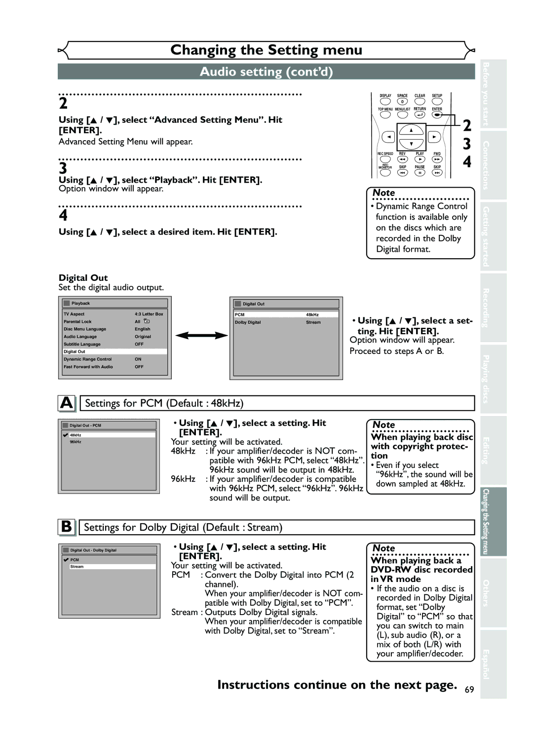 FUNAI EWR10D5 owner manual Audio setting cont’d, Digital Out, Using K / L, select a setting. Hit Enter 