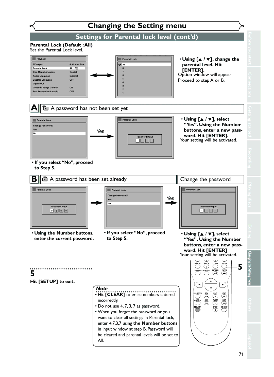 FUNAI EWR10D5 owner manual Settings for Parental lock level cont’d, Password has not been set yet 