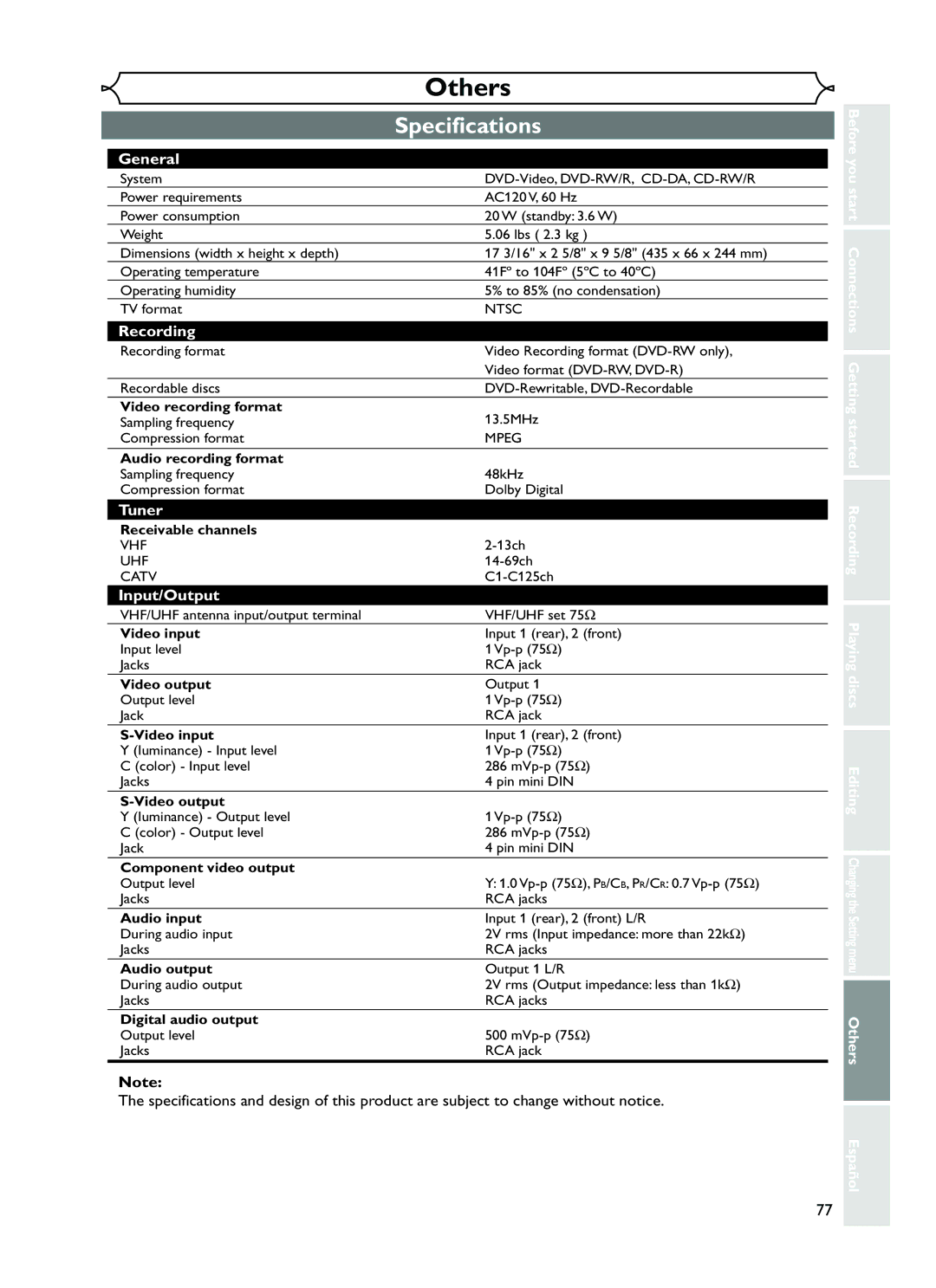 FUNAI EWR10D5 owner manual Specifications, General 