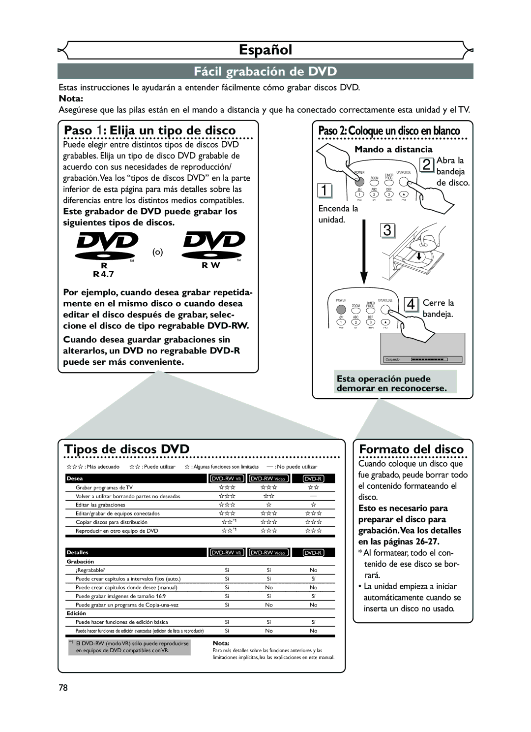 FUNAI EWR10D5 owner manual Español, Fácil grabación de DVD 