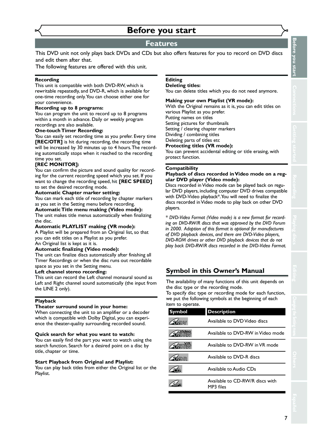 FUNAI EWR10D5 owner manual Features, Before, Symbol, Description 