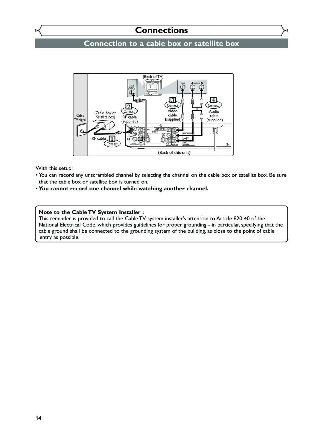 FUNAI EWR10D5 owner manual Connection to a cable box or satellite box, Connections, Note to the Cable TV System Installer 