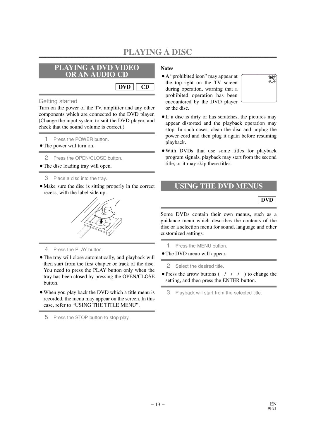 FUNAI F100DB owner manual Playing a Disc, Playing a DVD Video Or AN Audio CD, Using the DVD Menus 