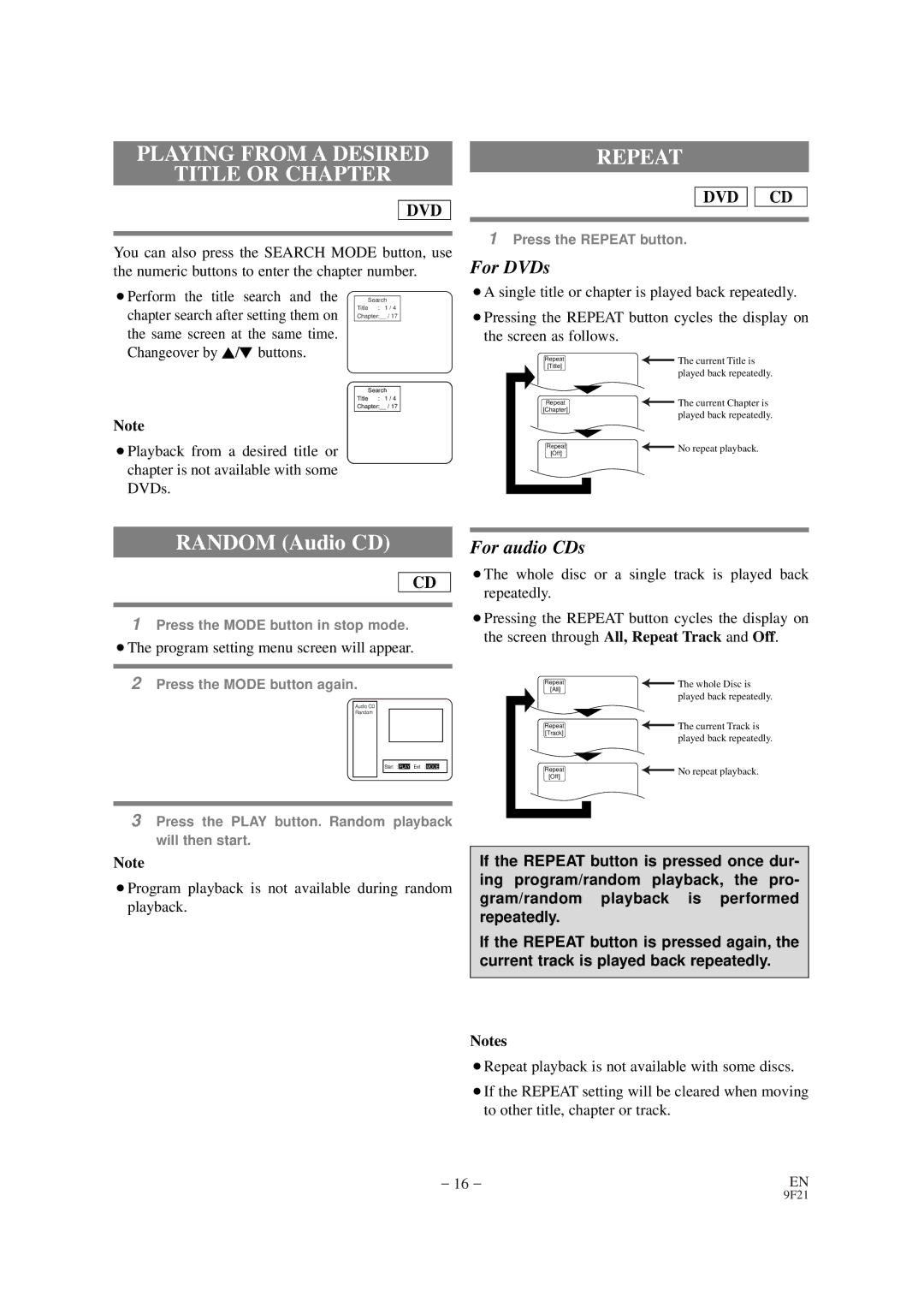 FUNAI F100DB owner manual Playing from a Desired Title or Chapter, Repeat, ¡The program setting menu screen will appear 