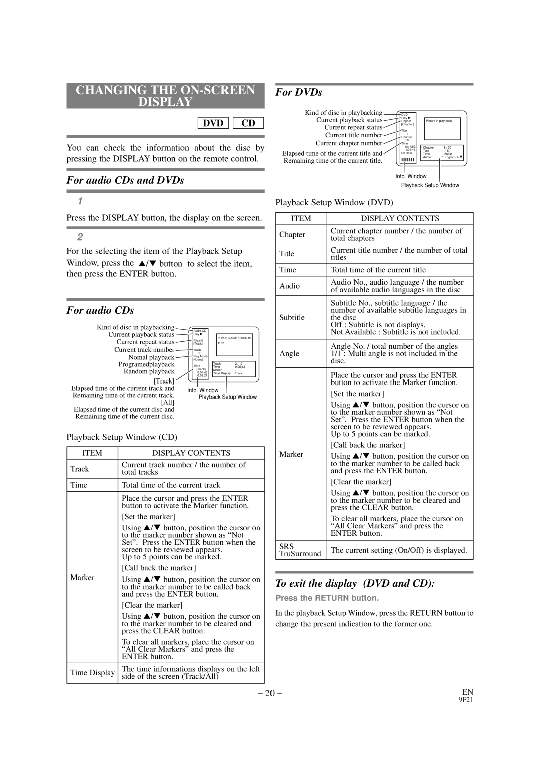 FUNAI F100DB owner manual Changing the ON-SCREEN Display, Playback Setup Window CD 