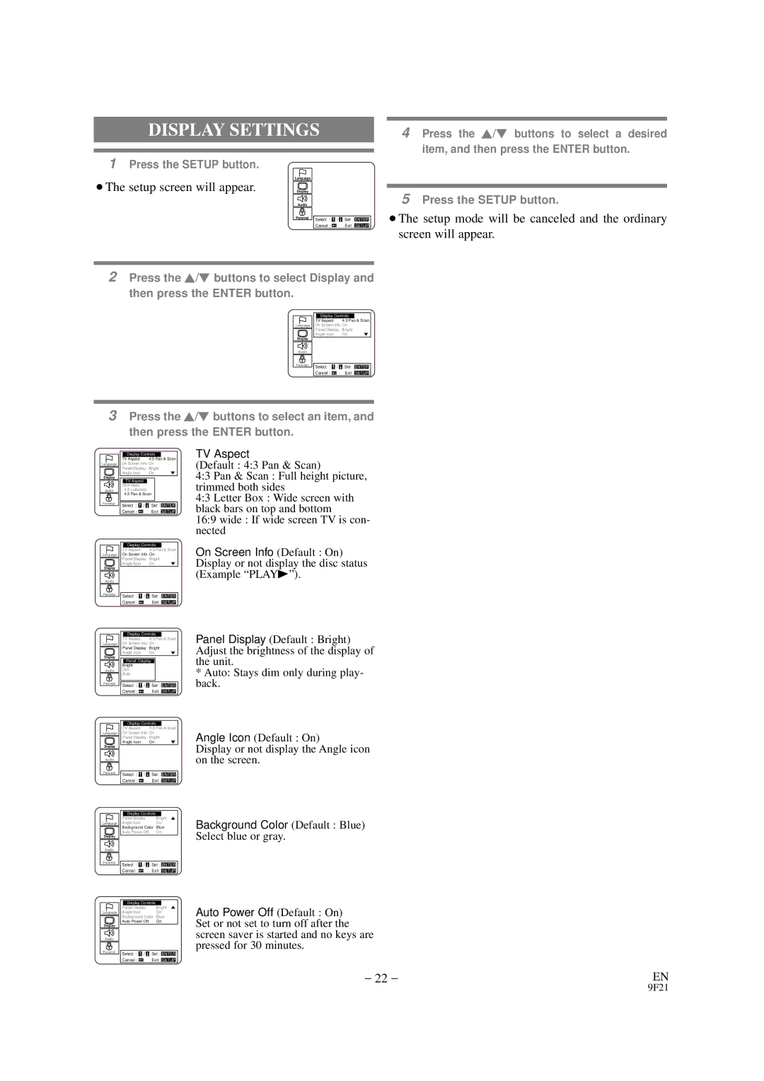 FUNAI F100DB owner manual Display Settings, ¡The setup screen will appear 