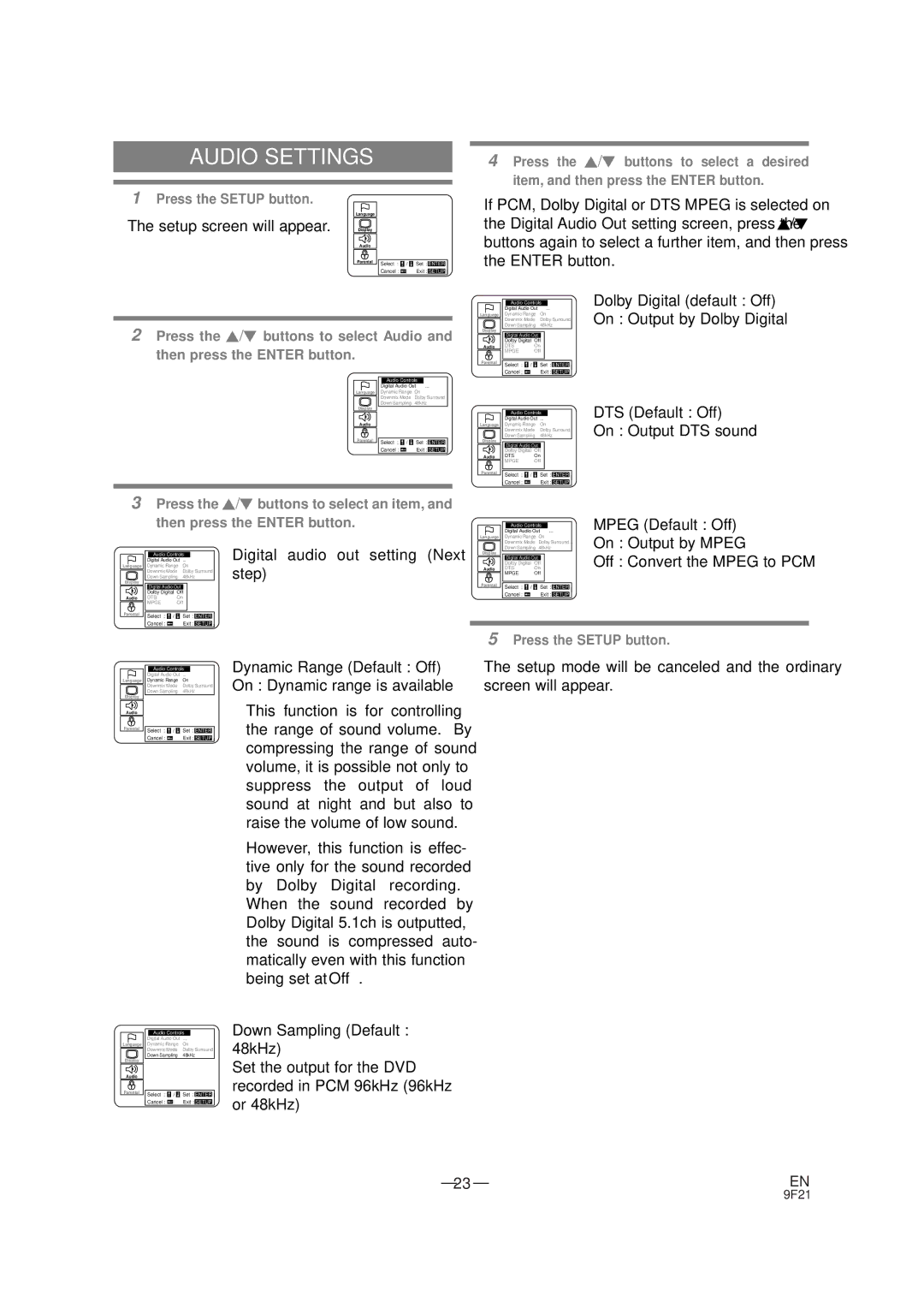 FUNAI F100DB owner manual Audio Settings, Digital audio out setting Next step, Off Convert the Mpeg to PCM 