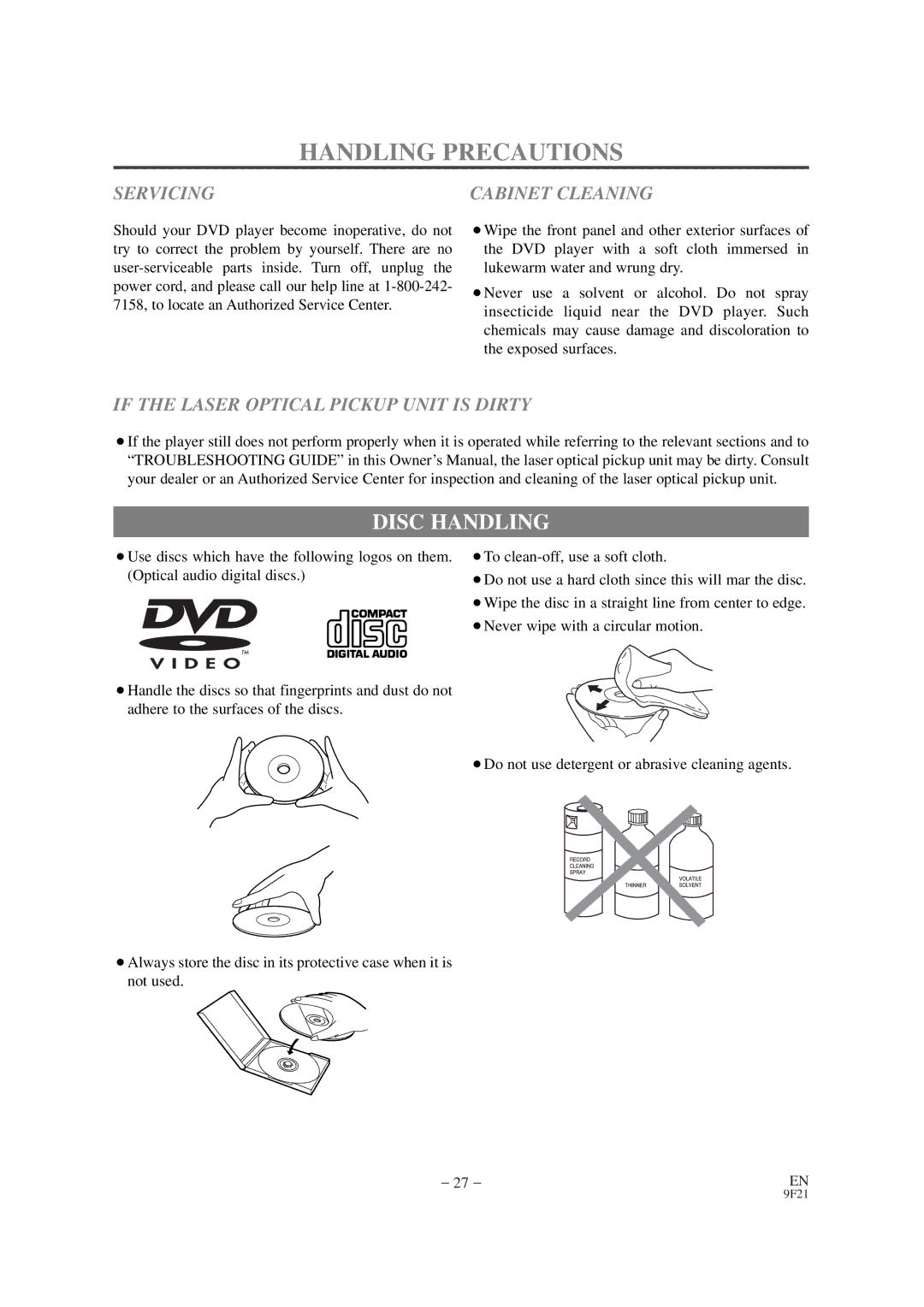 FUNAI F100DB owner manual Handling Precautions, Disc Handling 