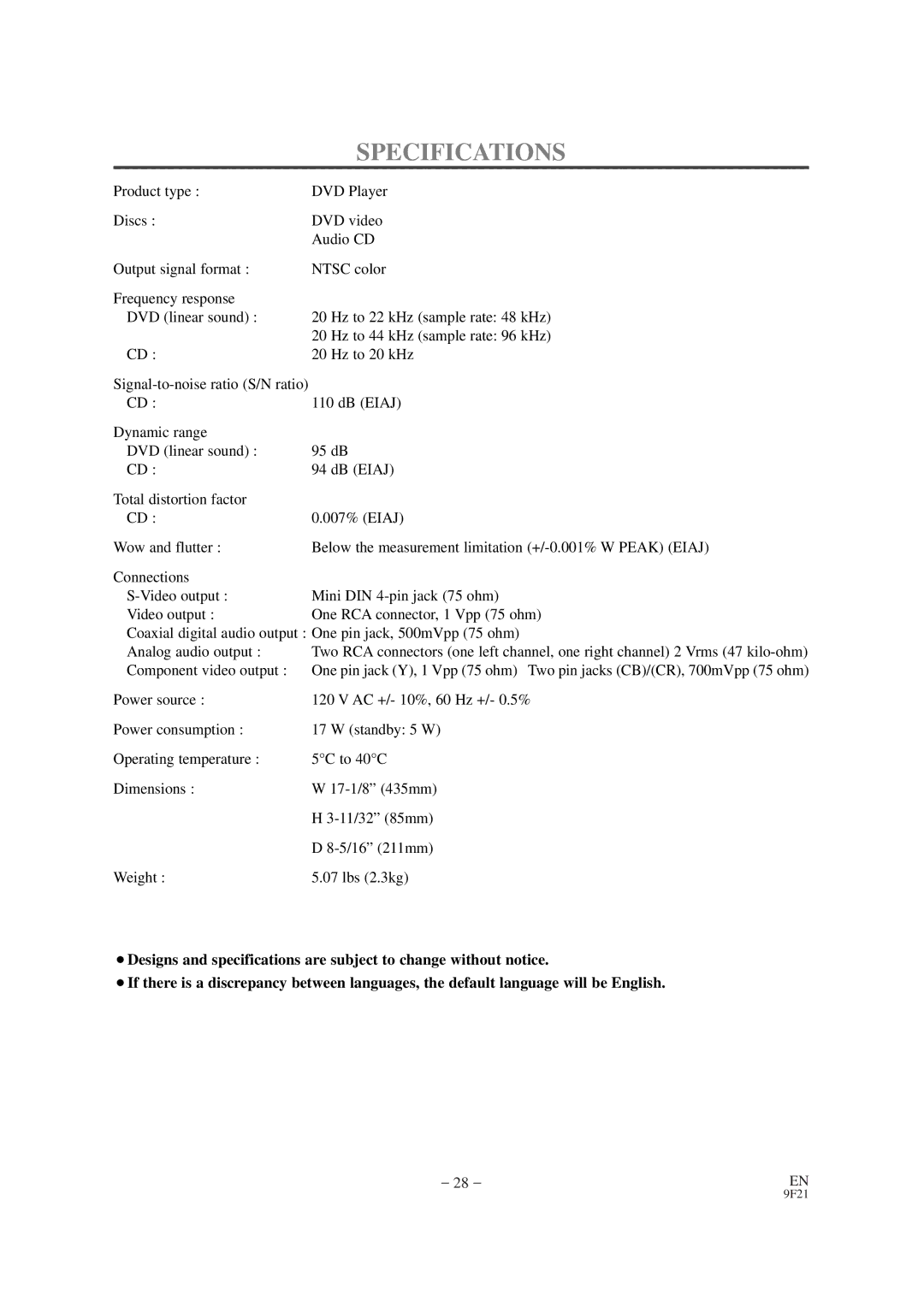 FUNAI F100DB owner manual Specifications 