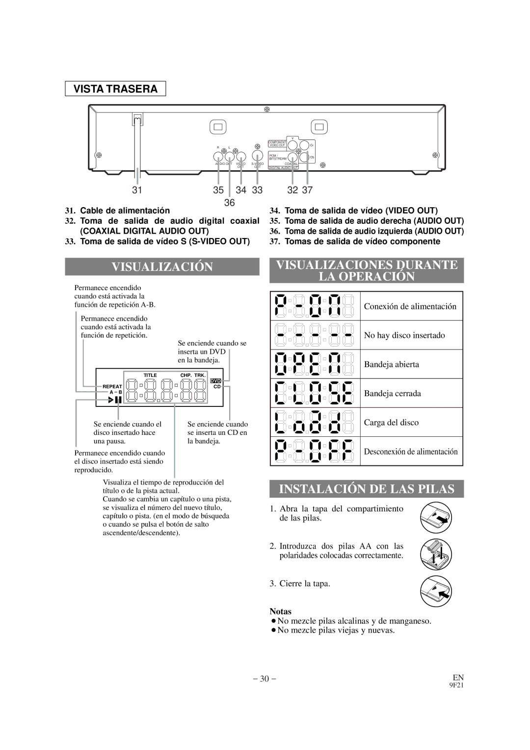 FUNAI F100DB owner manual Visualizació N, Visualizaciones Durante LA Operació N, Instalació N DE LAS Pilas, Cierre la tapa 