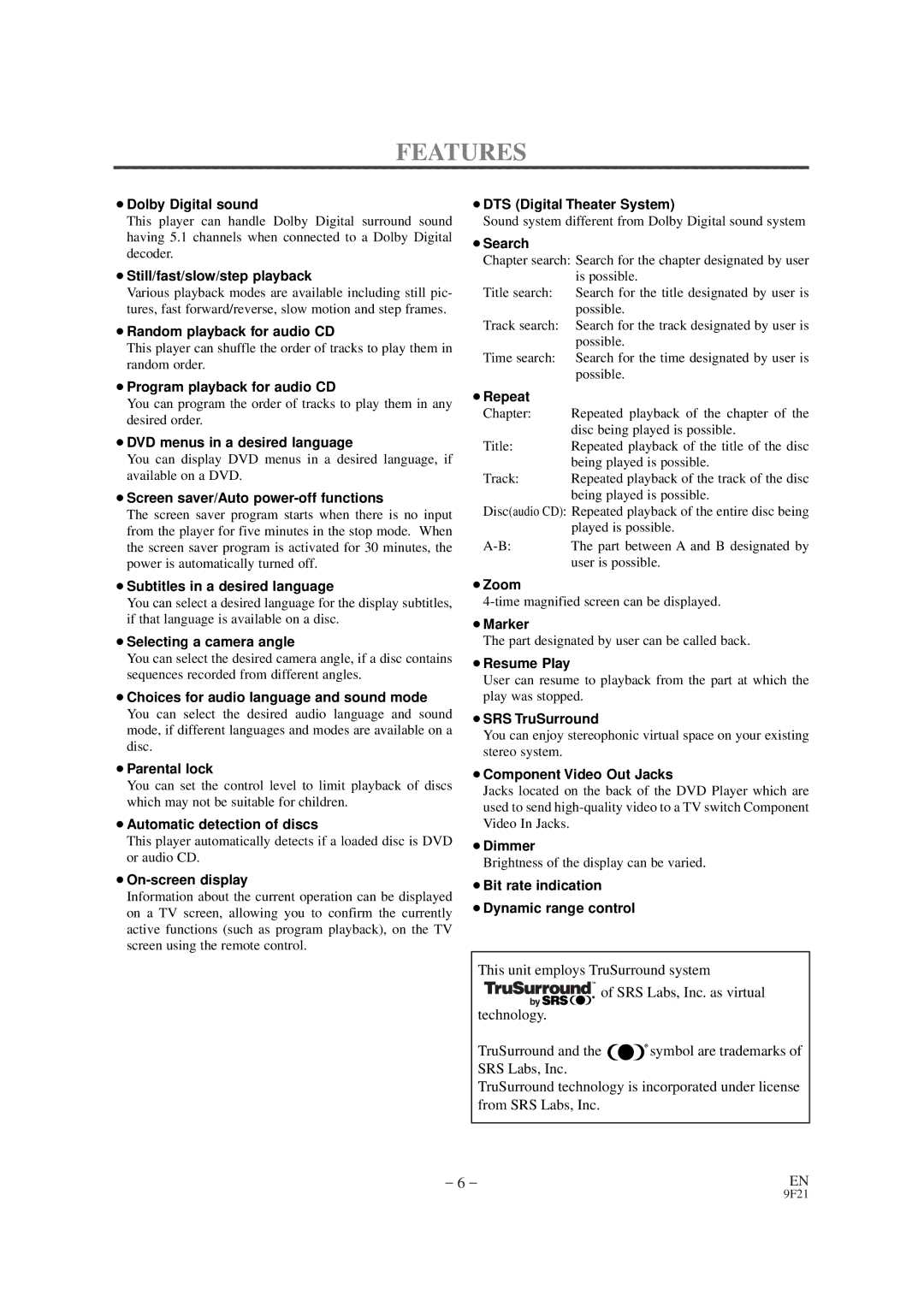 FUNAI F100DB owner manual Features, ¡Dolby Digital sound 