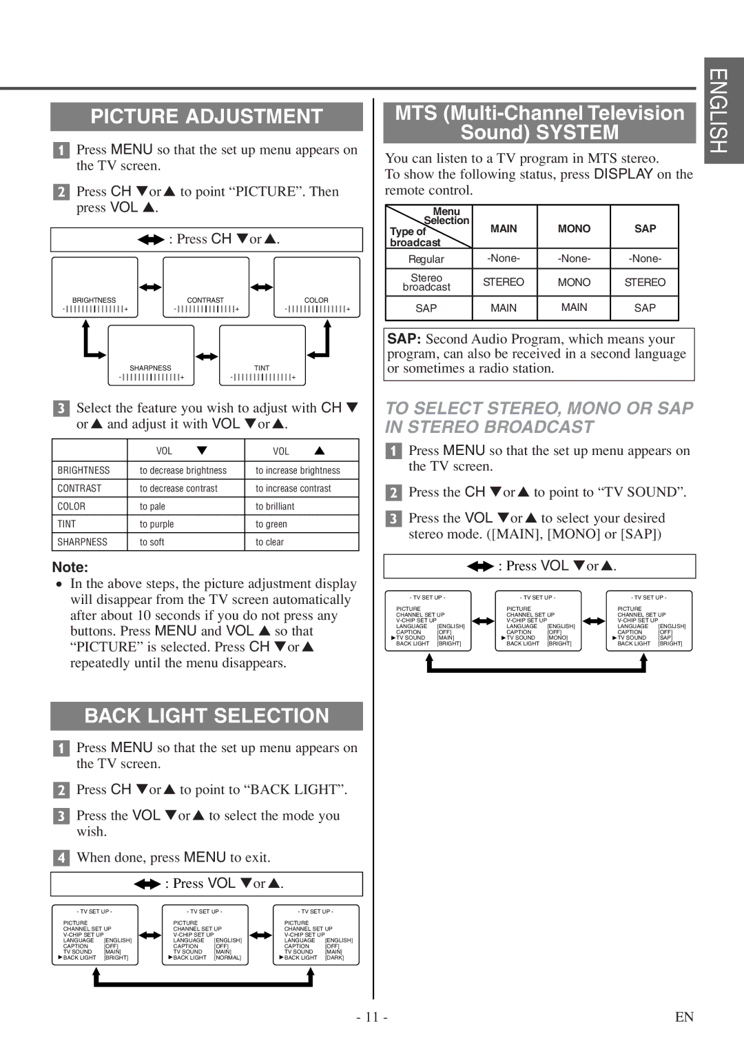 FUNAI F20LCTE-A owner manual Picture Adjustment, Back Light Selection, To Select STEREO, Mono or SAP in Stereo Broadcast 