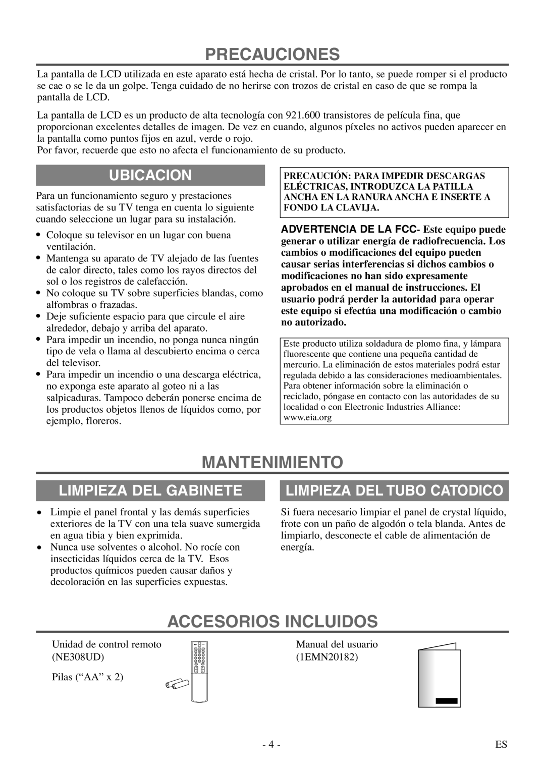 FUNAI F20LCTE-A owner manual Precauciones, Mantenimiento, Accesorios Incluidos 