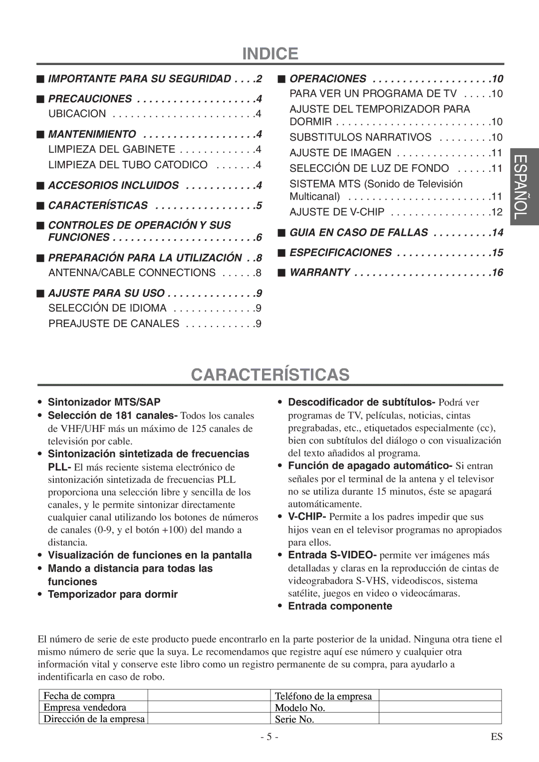 FUNAI F20LCTE-A owner manual Indice, Características, Sintonización sintetizada de frecuencias 