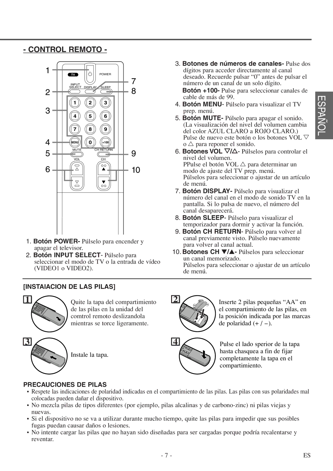 FUNAI F20LCTE-A owner manual Control Remoto, INSTAlACION DE LAS Pilas 