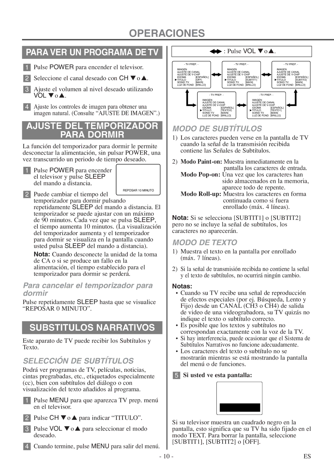 FUNAI F20LCTE-A owner manual Operaciones, Ajuste DEL Temporizador Para Dormir, Substitulos Narrativos 