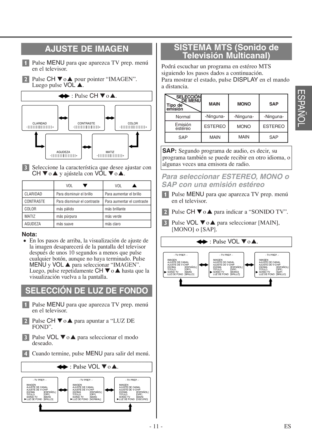 FUNAI F20LCTE-A owner manual Ajuste DE Imagen, Selección DE LUZ DE Fondo 