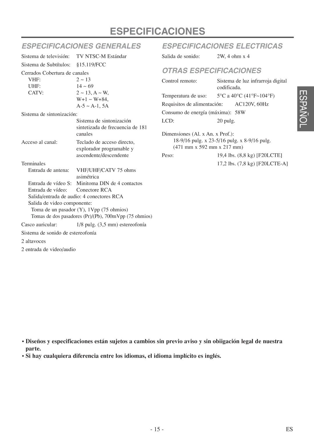 FUNAI F20LCTE-A owner manual Especificaciones Generales, Especificaciones Electricas, Otras Especificaciones 