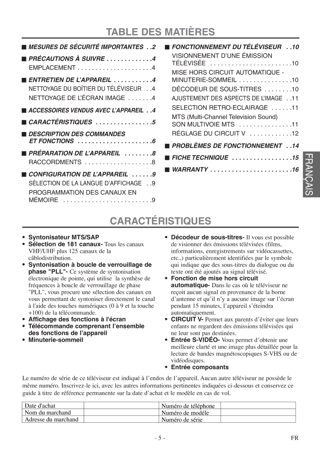 FUNAI F20LCTE-A owner manual Table DES Matières, Caractéristiques, Syntonisateur MTS/SAP, Entrée composants 