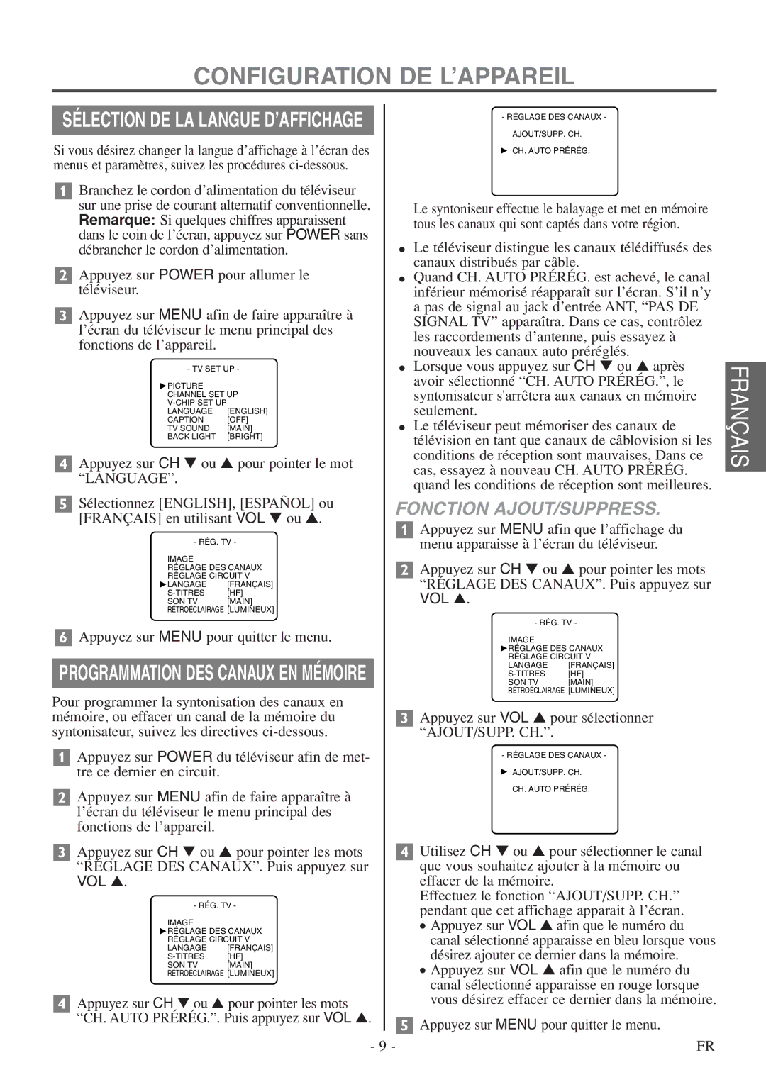 FUNAI F20LCTE-A owner manual Configuration DE L’APPAREIL, Fonction AJOUT/SUPPRESS 