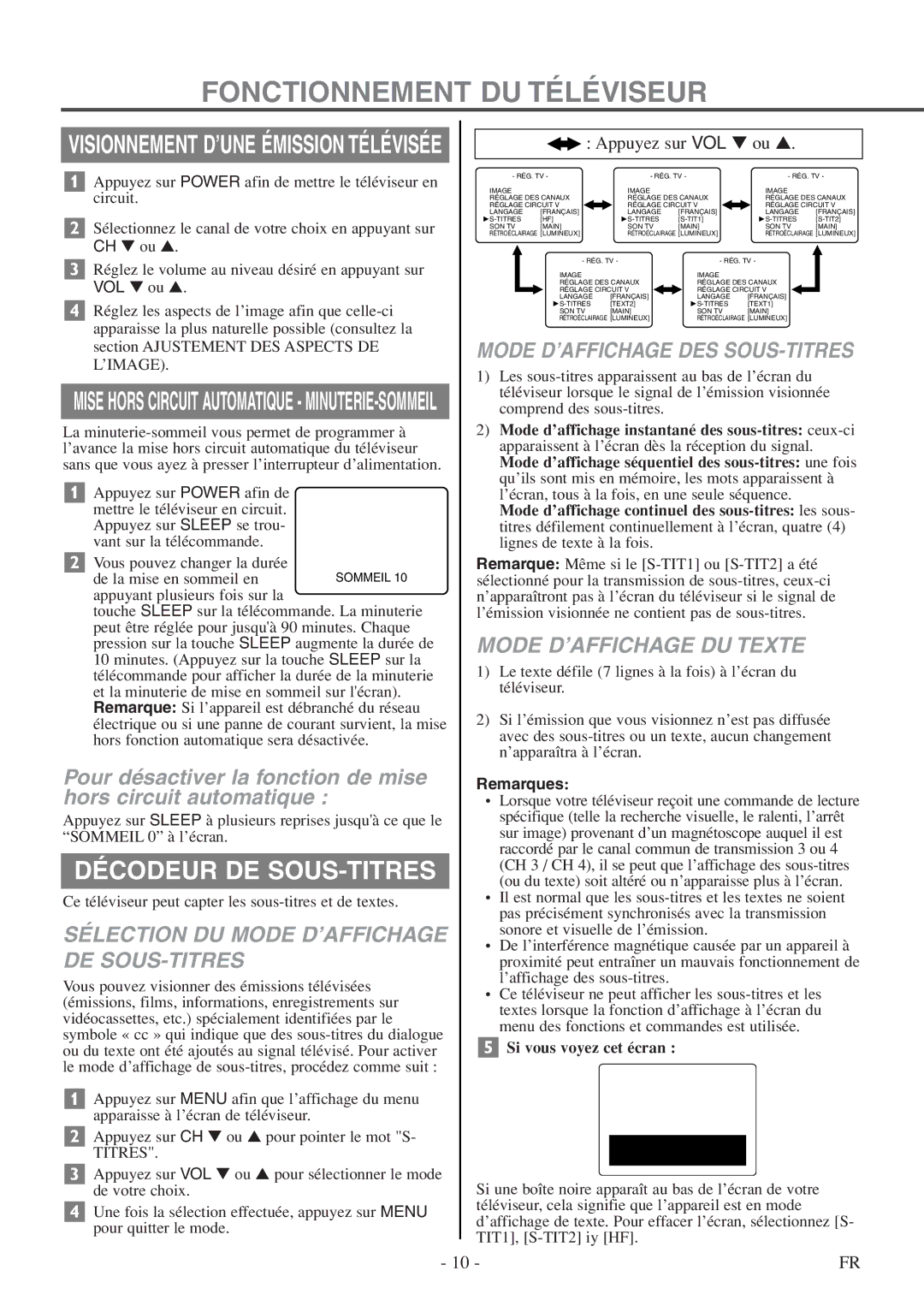 FUNAI F20LCTE-A Fonctionnement DU Téléviseur, Décodeur DE SOUS-TITRES, Sélection DU Mode D’AFFICHAGE DE SOUS-TITRES 