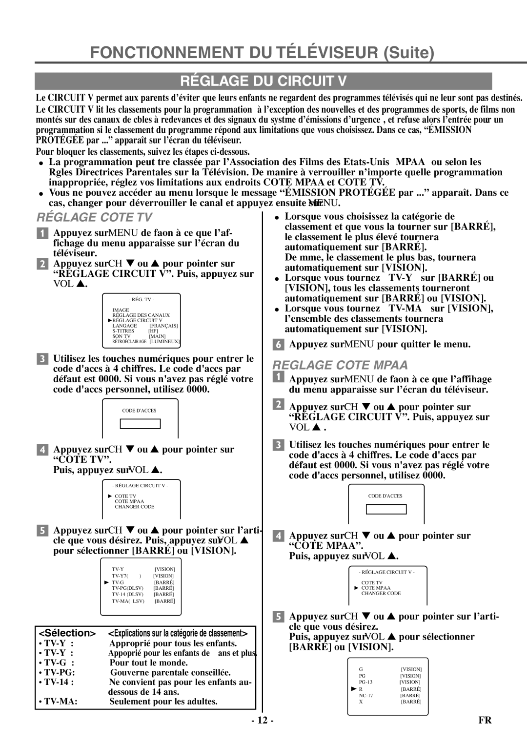 FUNAI F20LCTE-A owner manual Réglage DU Circuit, Réglage Cote TV, Reglage Cote Mpaa, Sélection 