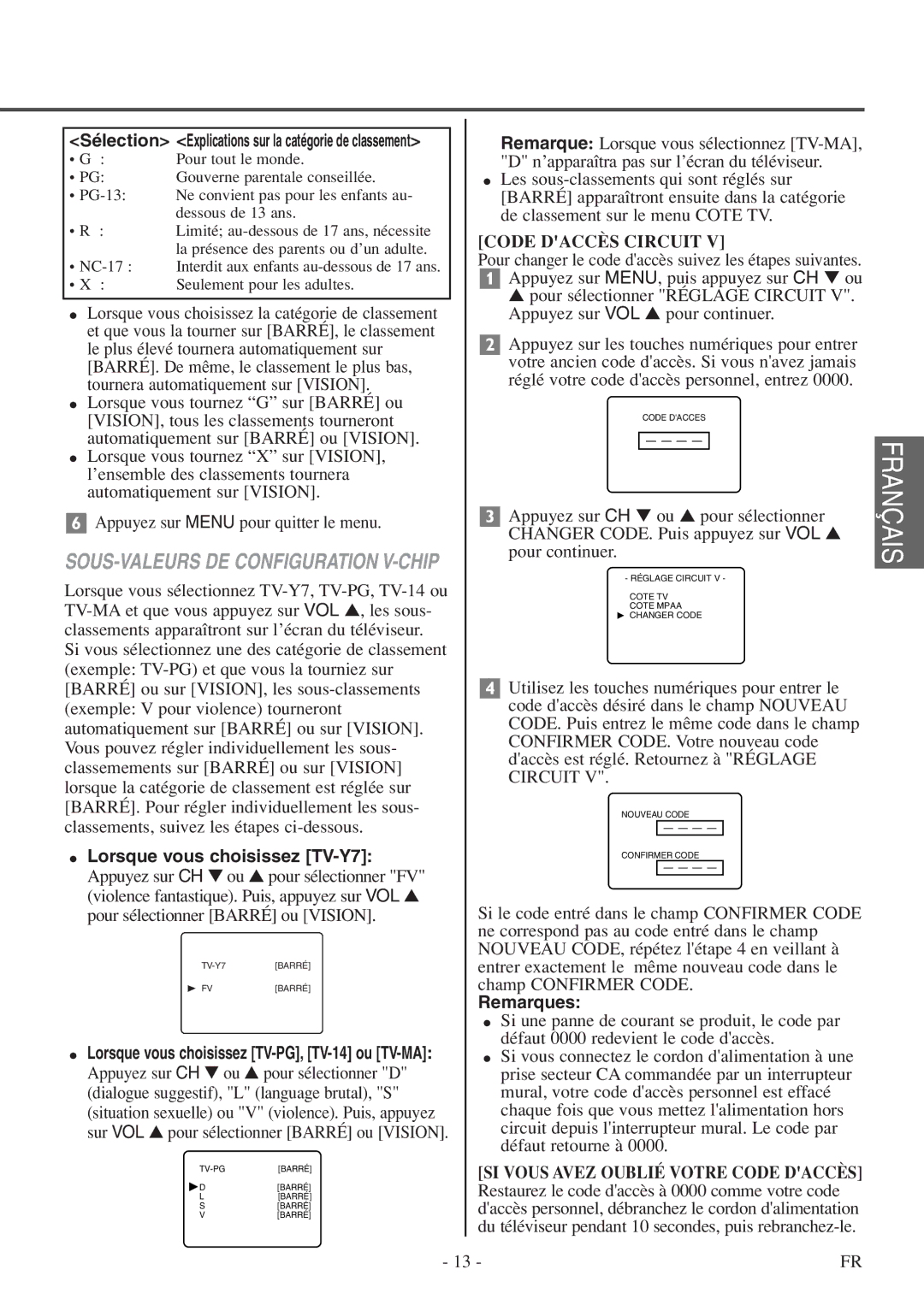 FUNAI F20LCTE-A owner manual Lorsque vous choisissez TV-Y7, Code Daccès Circuit, Remarques 