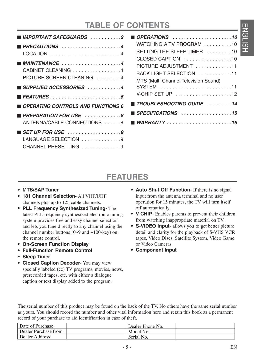 FUNAI F20LCTE-A owner manual Table of Contents, Features 