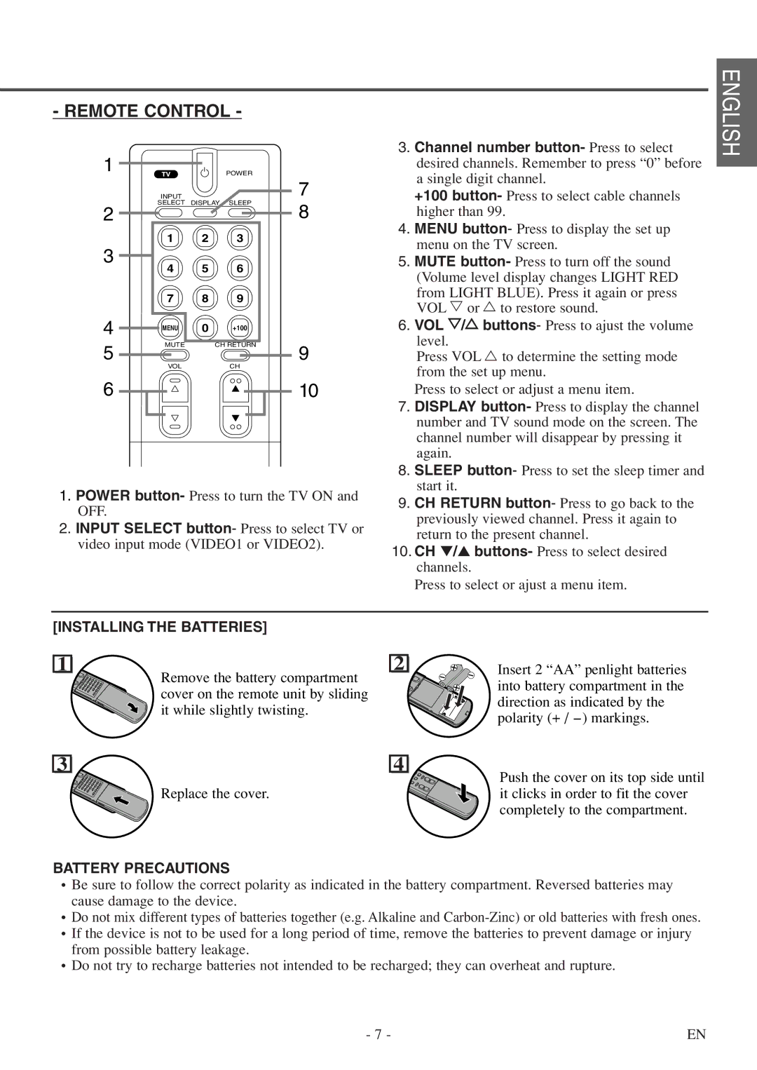 FUNAI F20LCTE-A owner manual Remote Control, English 