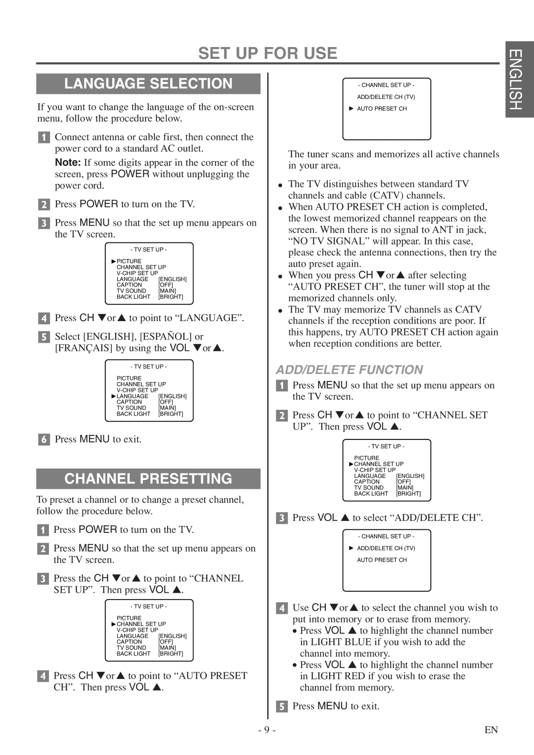 FUNAI F20LCTE-A owner manual SET UP for USE, Language Selection, Channel Presetting, ADD/DELETE Function 