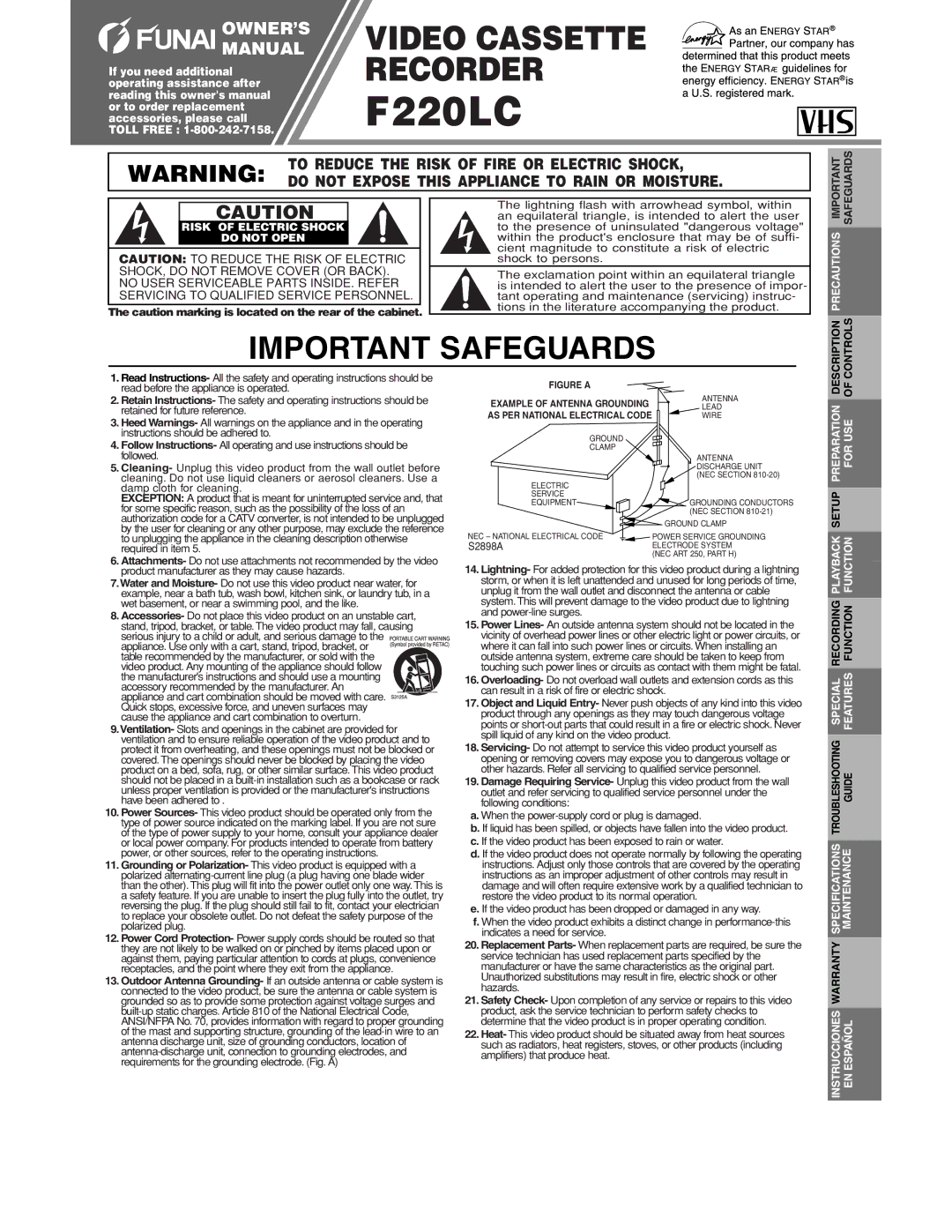 FUNAI F220LC warranty Safeguards, Description Controls 