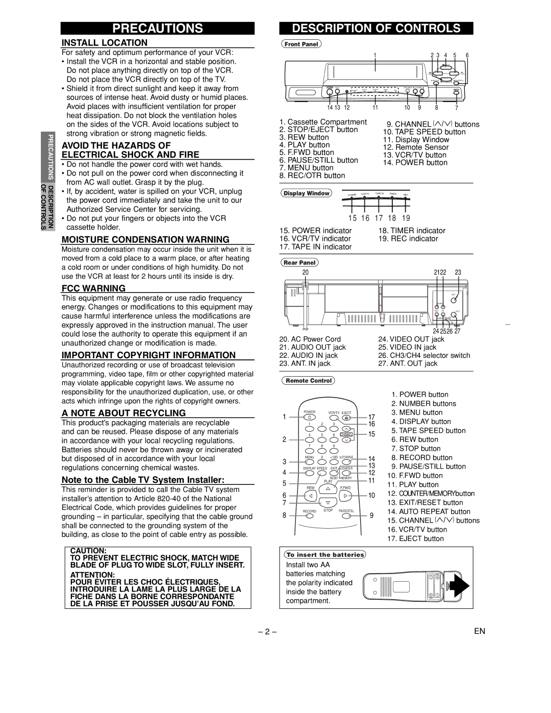 FUNAI F220LC Precautions, Install Location, Avoid the Hazards Electrical Shock and Fire, Moisture Condensation Warning 