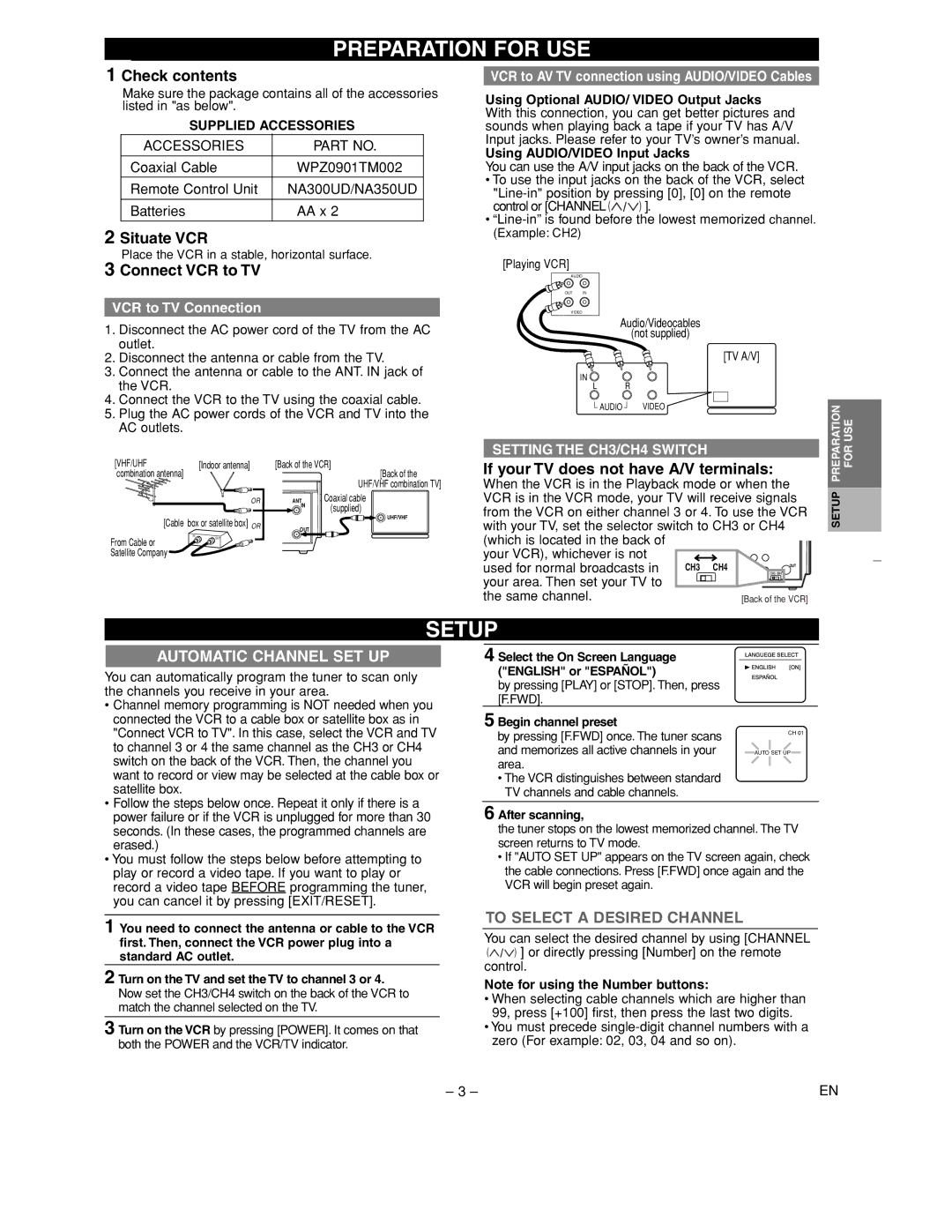 FUNAI F220LC warranty Preparation for USE, Setup, Automatic Channel SET UP, To Select a Desired Channel 