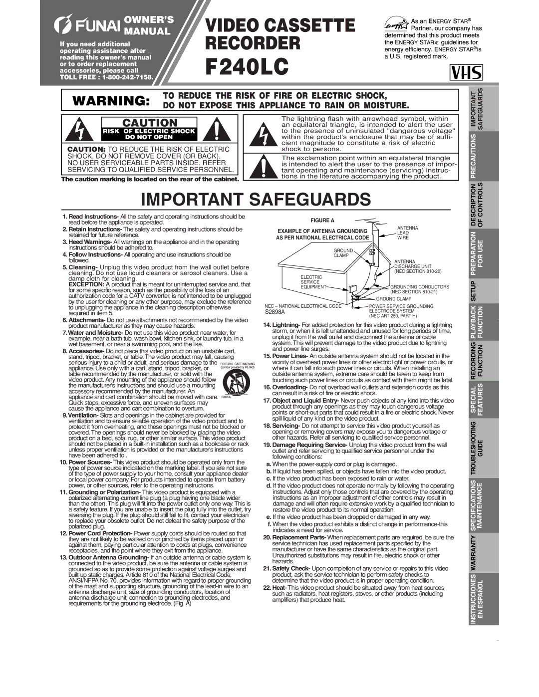 FUNAI F240LC warranty Safeguards, Description Controls 