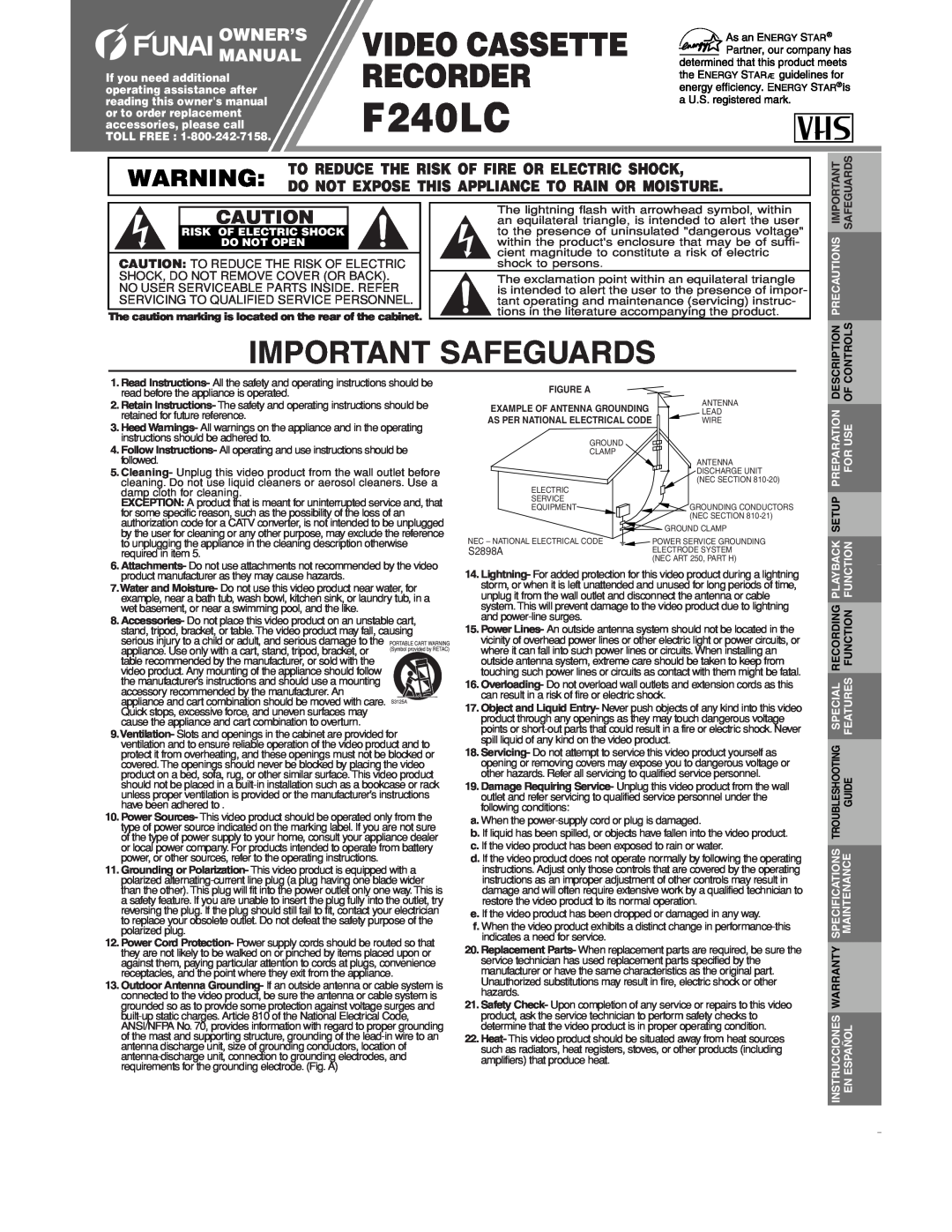 FUNAI F240LC warranty Important Safeguards, Video Cassette Recorder, Owner’S Manual, Description, Controls 