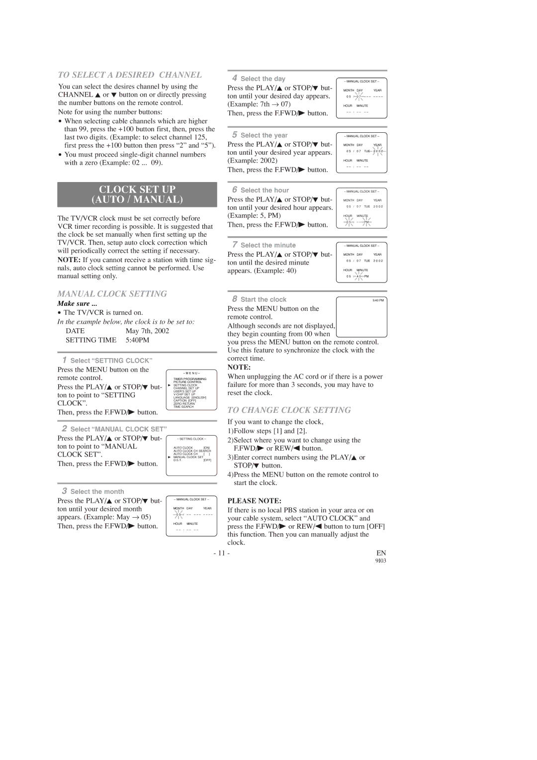 FUNAI F319CC Clock SET UP Auto / Manual, To Select a Desired Channel, Manual Clock Setting, To Change Clock Setting 