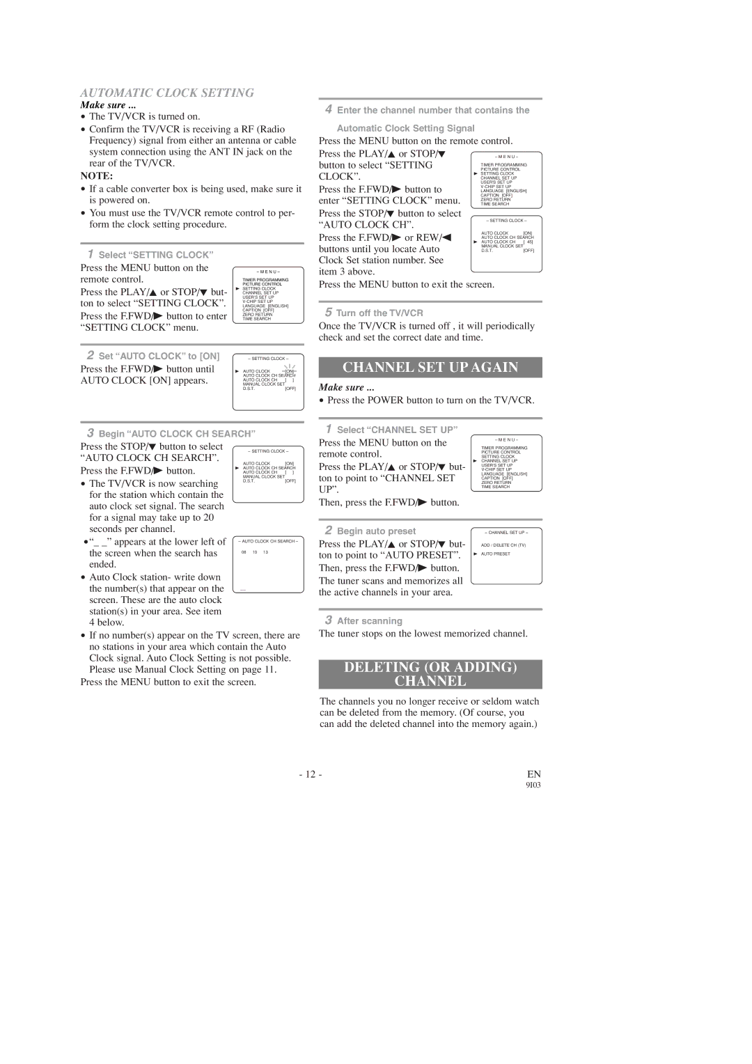 FUNAI F313CC, F319CC owner manual Deleting or Adding Channel, Automatic Clock Setting 