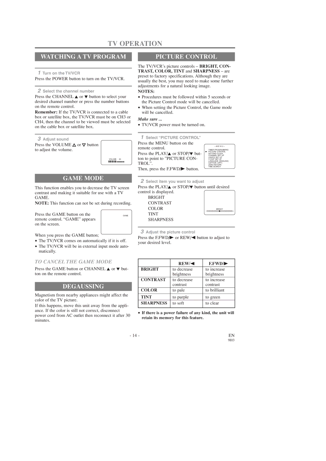 FUNAI F313CC, F319CC owner manual TV Operation, Watching a TV Program, Picture Control, Game Mode, Degaussing 