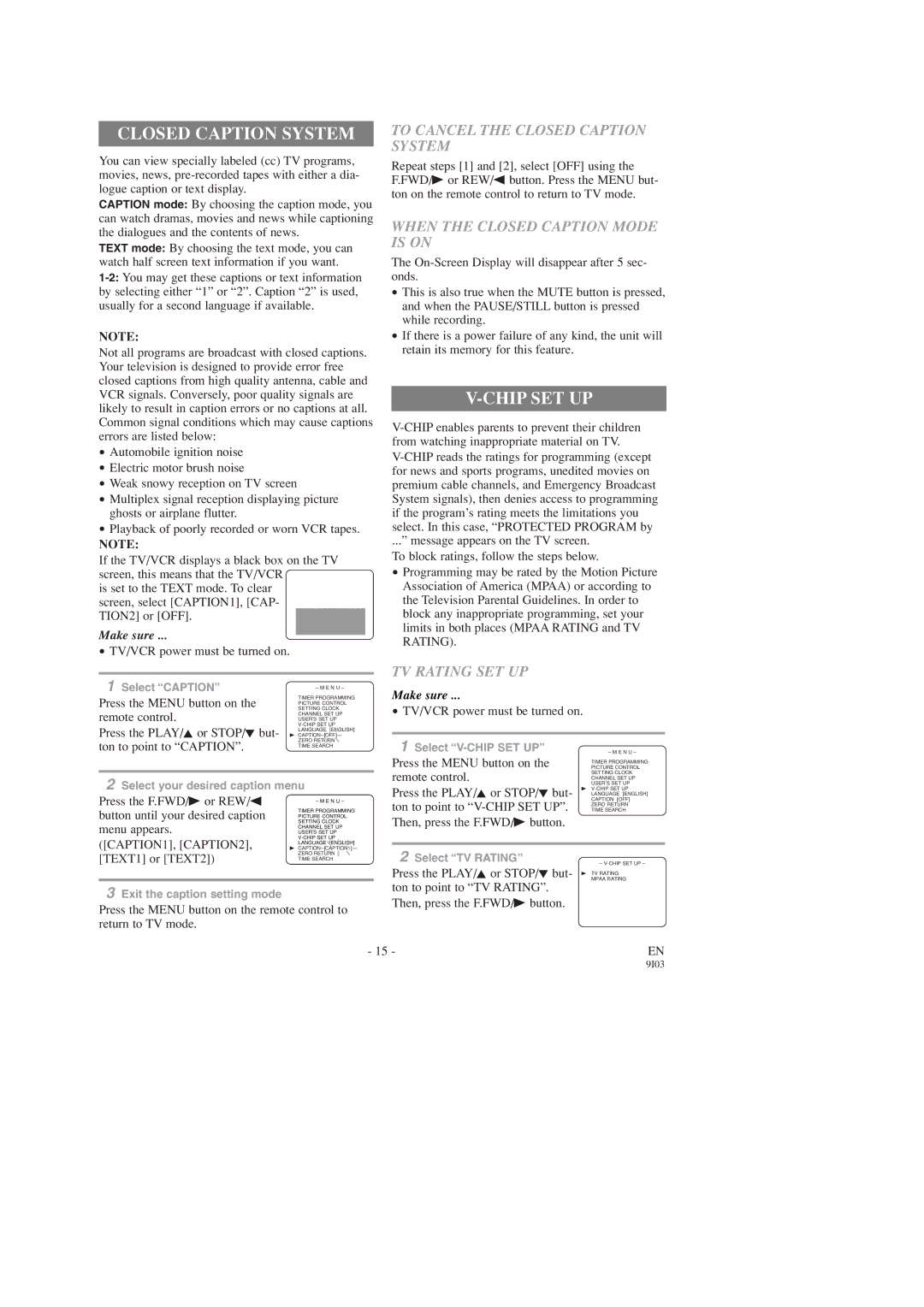 FUNAI F319CC Chip SET UP, To Cancel the Closed Caption System, When the Closed Caption Mode is on, TV Rating SET UP 