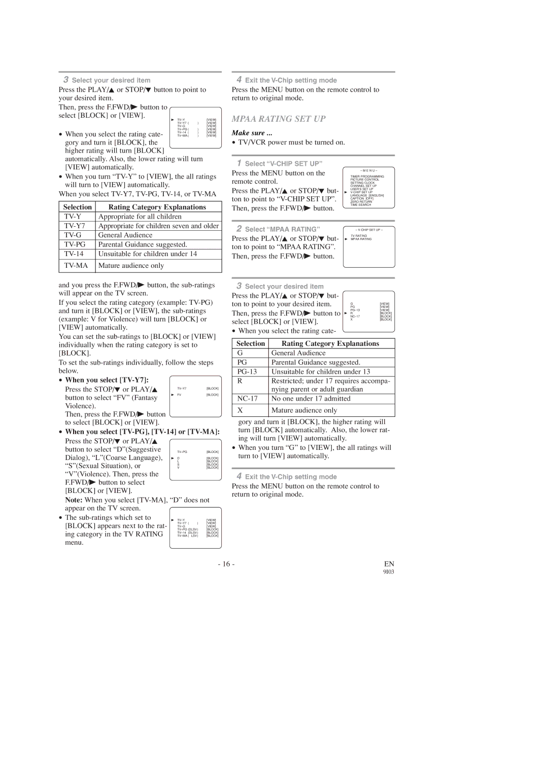 FUNAI F313CC, F319CC Mpaa Rating SET UP, Selection Rating Category Explanations, Tv-Y, Appropriate for all children 