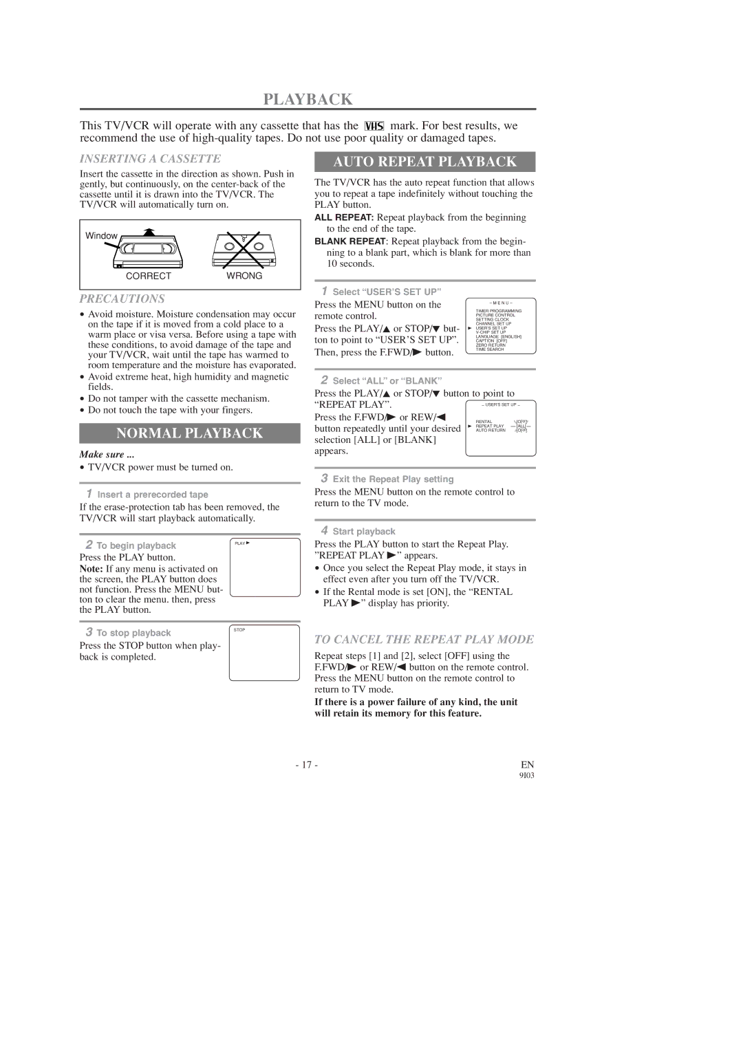 FUNAI F319CC, F313CC owner manual Auto Repeat Playback, Normal Playback 