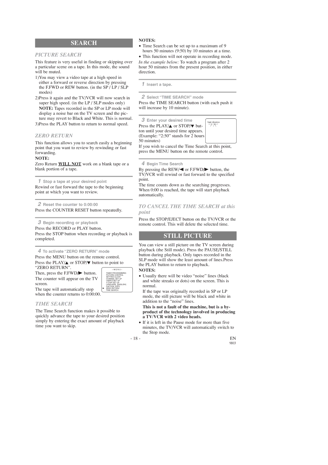 FUNAI F313CC, F319CC owner manual Still Picture, Picture Search, Zero Return, Time Search 